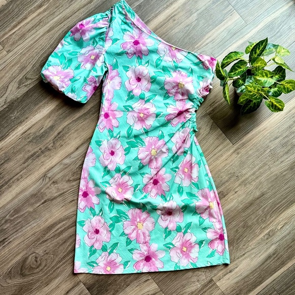 NWT GB Gianni Bini One Shoulder Floral Mini Dress Aqua Pink Side Cut Out  Size L - Picture 2 of 13